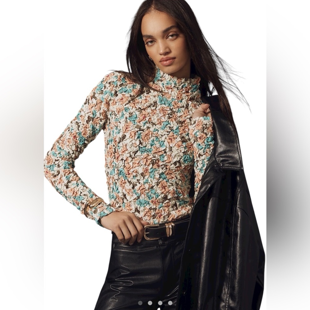 Anthropologie DOLAN Printed Pebble-Smocked
Turtleneck Top XXS